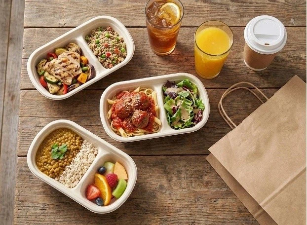 2-compartment bagasse take out containers packed with hot meals for restaurant delivery service 2-compartment bagasse take out containers packed with hot meals for restaurant delivery service